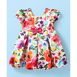 Babyhug Organza Woven Puffed Sleeves Party Dress With Floral Print & Bow Applique - White