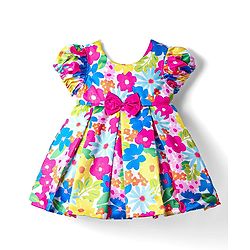 Babyhug Nylon Woven Half Sleeves Party Dress With Floral Print & Bow Applique - Multicolor