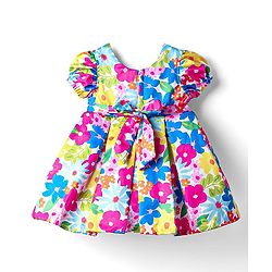 Babyhug Nylon Woven Half Sleeves Party Dress With Floral Print & Bow Applique - Multicolor