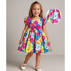 Babyhug Nylon Woven Half Sleeves Party Dress With Floral Print & Bow Applique - Multicolor