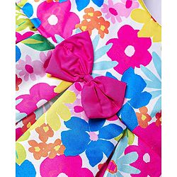 Babyhug Nylon Woven Half Sleeves Party Dress With Floral Print & Bow Applique - Multicolor