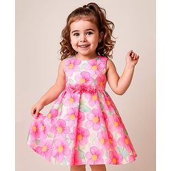 Babyhug Woven Sleeveless Party Dress With Floral Print & Applique - Pink