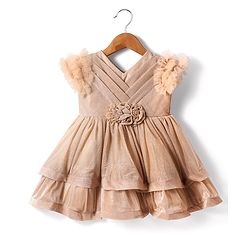 Babyhug Woven Sleeveless Party Dress With Floral Applique & Ruffle Detailing - Metallic Gold