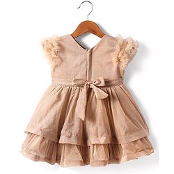 Babyhug Woven Sleeveless Party Dress With Floral Applique & Ruffle Detailing - Metallic Gold