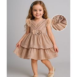 Babyhug Woven Sleeveless Party Dress With Floral Applique & Ruffle Detailing - Metallic Gold