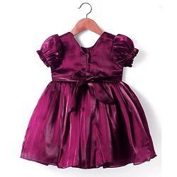 Babyhug Woven Half Puffed Sleeves Party Dress With Bow Applique - Wine