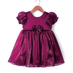 Babyhug Woven Half Puffed Sleeves Party Dress With Bow Applique - Wine