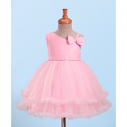 Babyhug Mesh Woven Sleeveless Tiered Party Dress with Bow Applique & Pearl Detailing - Pink