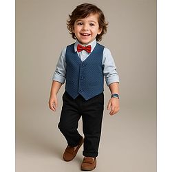 Babyhug Woven Full Sleeves Polka Dot Printed 3 Piece Party Suit With Bow - Blue & Black