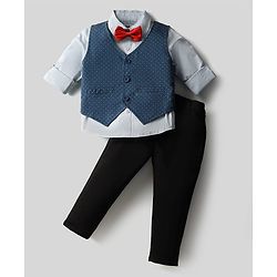 Babyhug Woven Full Sleeves Polka Dot Printed 3 Piece Party Suit With Bow - Blue & Black