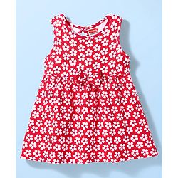 Babyhug Single Jersey Knit Sleeveless Frock with Floral Print & Bow Applique - Red