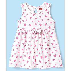 Babyhug Single Jersey Knit Sleeveless Frock with Heart Print & Bow Applique - White & Pink
