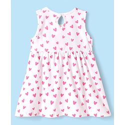 Babyhug Single Jersey Knit Sleeveless Frock with Heart Print & Bow Applique - White & Pink
