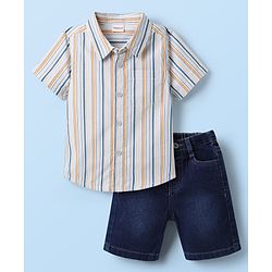 Babyhug Cotton Woven Half Sleeves Striped Shirt & Denim Shorts Set - Multicolor