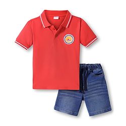 Babyhug Single Jersey Knit Half Sleeves Polo T-Shirt & Denim Shorts Set with Patch Detailing - Red & Blue