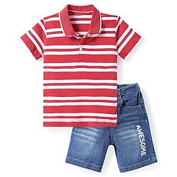 Babyhug Single Jersey Knit Half Sleeves Striped Polo T-Shirt and Denim Shorts Set - Dark Red & Blue