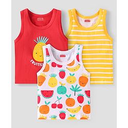 Babyhug 100% Cotton Knit Sleeveless Sandos With Stripes & Fruits Print Pack of 3 - Red Yellow & White
