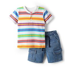 Babyhug Single Jersey Knit Half sleeves Henley Neck T-Shirt & Shorts Set with Stripes - Blue & White