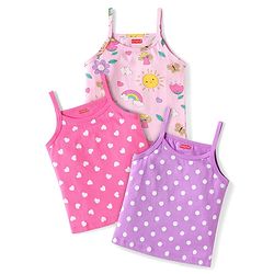 Babyhug 100% Cotton Knit Sleeveless Slips with Polka Dots Tropical Theme & Hearts Print Pack of 3 - Light Pink Lilac & Pink