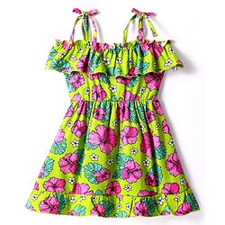 Babyhug Cotton Knit Singlet Sleeves Frock with Floral Print - Light Green
