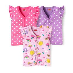 Babyhug 100% Cotton Interlock Knit Front Open Half Sleeves Vests With Polka Dots & Heart Print Pack Of 3 - Pink & Purple