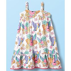 Babyhug Cotton Knit Sleeveless Frock with Jungle Theme Print - White