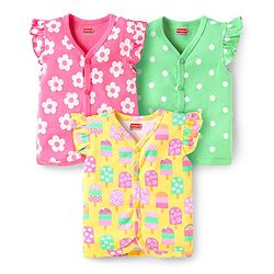 Babyhug 100% Cotton Interlock Knit Front Open Sleeveless Vests With Floral Popsicle & Polka Dot Print Pack Of 3 - Yellow Pink & Green