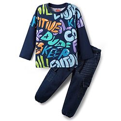 Babyhug Single Jersey Knit Full Doctor Sleeves T-Shirt & Denim Jeans Set With Text Print - Navy Blue