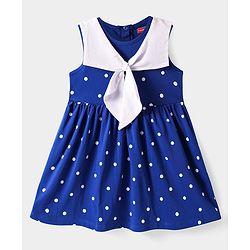 Babyhug Cotton Knit Sleeveless Sailor Collar Dress With Polka Dot Print - Blue