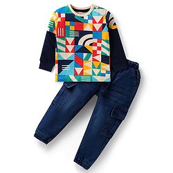 Babyhug Single Jersey Knit Full Sleeves T-Shirt & Joggers Set with Geometric Shapes Print - Blue