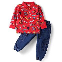 Babyhug Single Jersey Knit Full Sleeves Polo T-Shirt & Joggers Set with Skating Print - Red & Blue