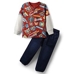 Babyhug Single Jersey Knit Full Doctor Sleeves Printed T-Shirt & Denim Jeans Set - Red & Blue