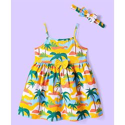 Babyhug Cotton Knit Singlet Sleeves Beach Theme Printed Frock with Headband & Bow Applique - Yellow