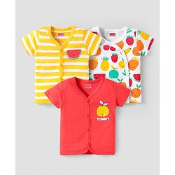 Babyhug 100% Cotton Interlock Knit Front Open Half Sleeves jhablas With Striped & Animal Print Pack Of 3 - Red Yellow & White