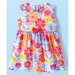 Babyhug Cotton Knit Sleeveless Frock With Floral Print & Bow Applique - Multicolor
