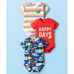 Babyhug 100% Cotton Knit Half Sleeves Onesies With Text Graphics Pack Of 3 - Blue Red & White
