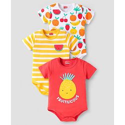 Babyhug 100% Cotton Half Sleeves Onesies With Stripes & Fruit Print Pack of 3 - Red Yellow & White