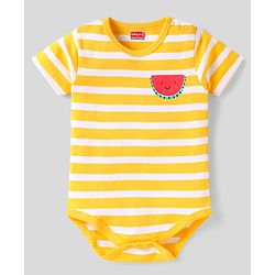 Babyhug 100% Cotton Half Sleeves Onesies With Stripes & Fruit Print Pack of 3 - Red Yellow & White
