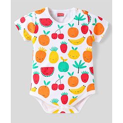 Babyhug 100% Cotton Half Sleeves Onesies With Stripes & Fruit Print Pack of 3 - Red Yellow & White