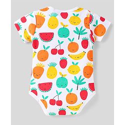 Babyhug 100% Cotton Half Sleeves Onesies With Stripes & Fruit Print Pack of 3 - Red Yellow & White