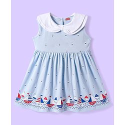 Babyhug Cotton Knit Sleeveless Frock with Boat Print - Light Blue