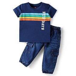 Babyhug Single Jersey Knit Half Sleeves T-Shirt & Denim Joggers Set with Text Print & Stripes - Navy Blue