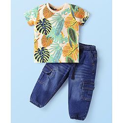 Babyhug Single Jersey Knit Half Sleeves T-Shirt & Denim Jeans Set With Leaf Print - White & Blue