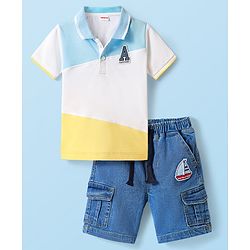 Babyhug Single Jersey Knit Half Sleeves Polo Cut & Sew T-Shirt & Denim Shorts Set with Text & Ship Patch - Blue & White