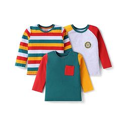 Babyhug Cotton Knit Full Sleeves T-Shirts with Stripes & Patch Detailing Pack of 3 - Multicolor
