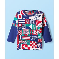 Babyhug Cotton Knit Full Doctor Sleeves T-Shirt With Sports Theme Print - Navy Blue