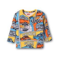 Babyhug Cotton Knit Full Sleeves Henley Neck T-Shirt with Vehicle Print - Yellow & Blue