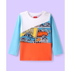 Babyhug Cotton Knit Full Sleeves Cut & Sew T-Shirt with Car Print - Orange & Light Blue
