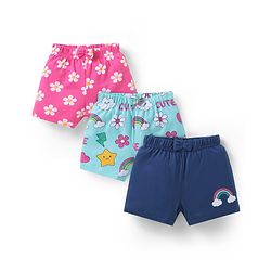 Babyhug Cotton Single Jersey Knit Mid Thigh Floral & Rainbow Printed Shorts with Bow Applique Pack of 3 - Pink Light & Navy Blue