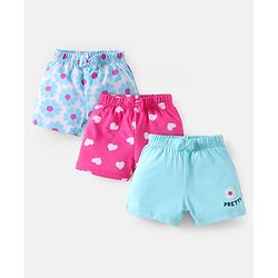 Babyhug Cotton Knit Mid Thigh Shorts with Floral & Heart Print with Bow Applique Pack of 3 - Pink & Light Blue